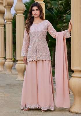 Peach Embroidery Georgette Palazzo Set