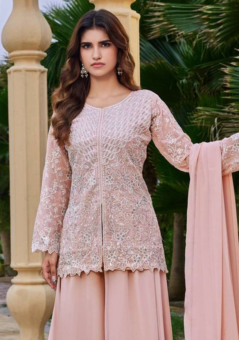 Peach Embroidery Georgette Palazzo Set - Indya
