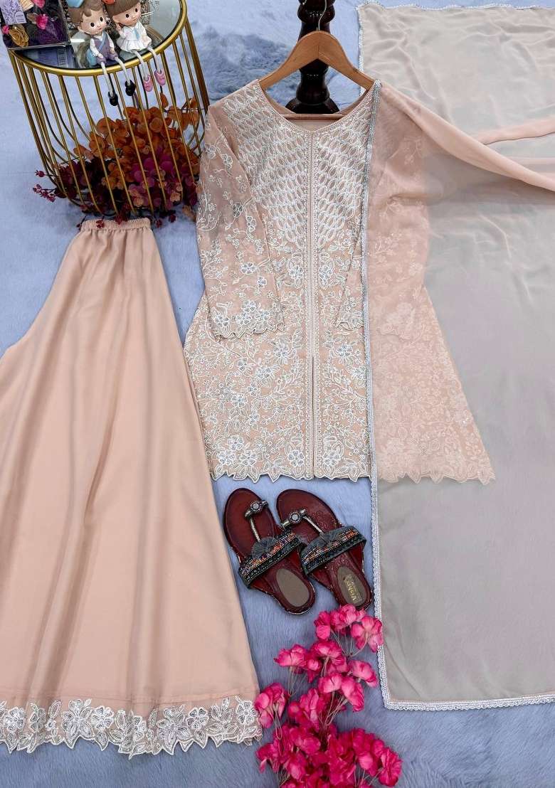 Peach Embroidery Georgette Palazzo Set - Indya