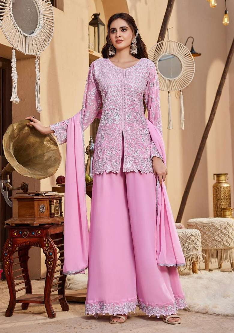 Pink Embroidery Georgette Palazzo Set - Indya