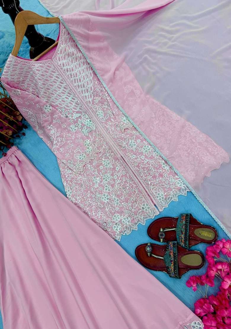 Pink Embroidery Georgette Palazzo Set - Indya