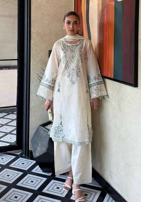 Off White Embroidery Satin Palazzo Set