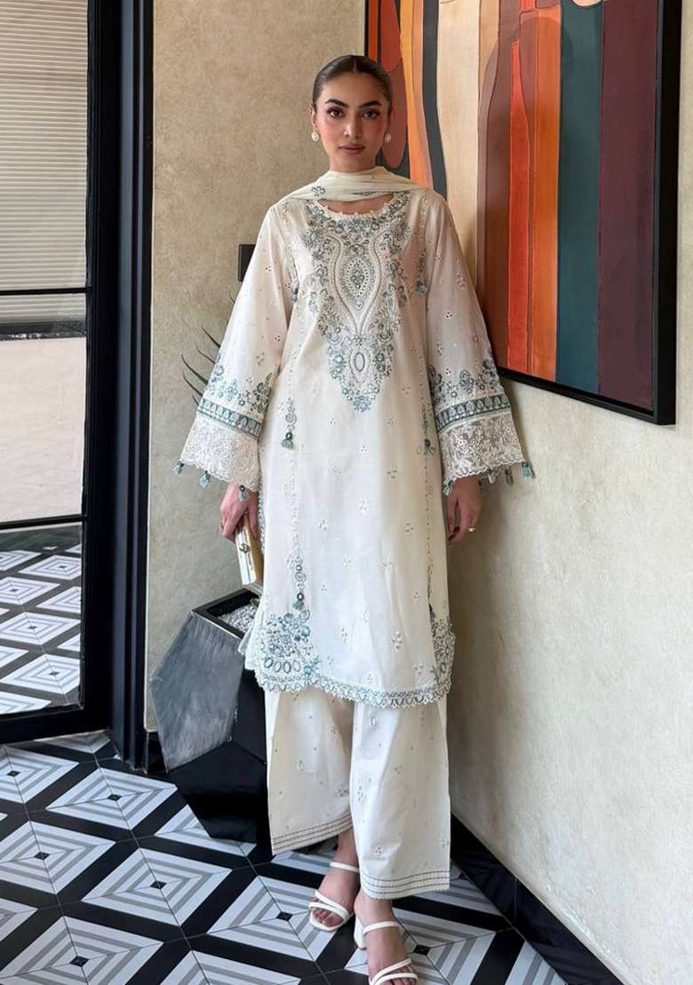 Off White Embroidery Satin Palazzo Set - Indya