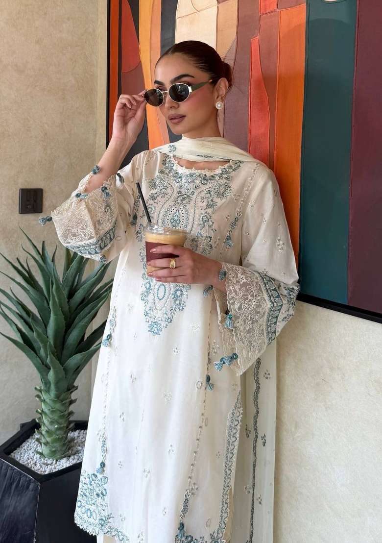 Off White Embroidery Satin Palazzo Set - Indya