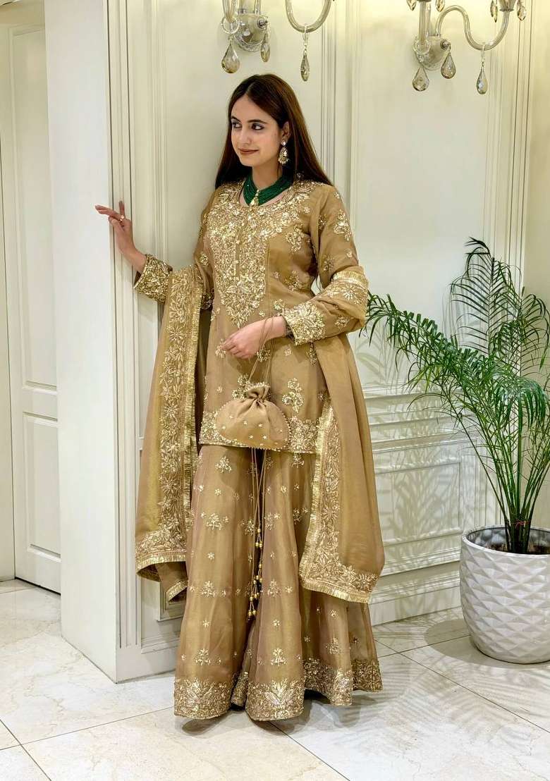 Off White Embroidery Silk Palazzo Set - Indya