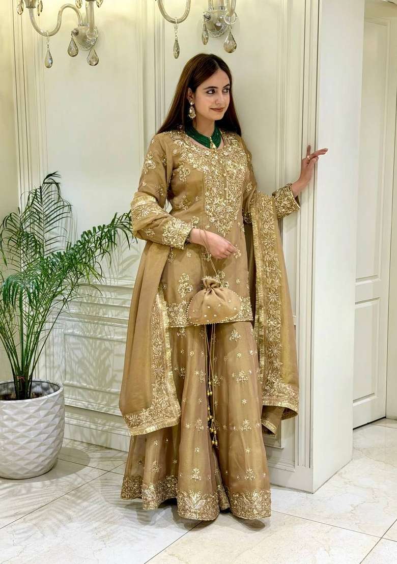Off White Embroidery Silk Palazzo Set - Indya