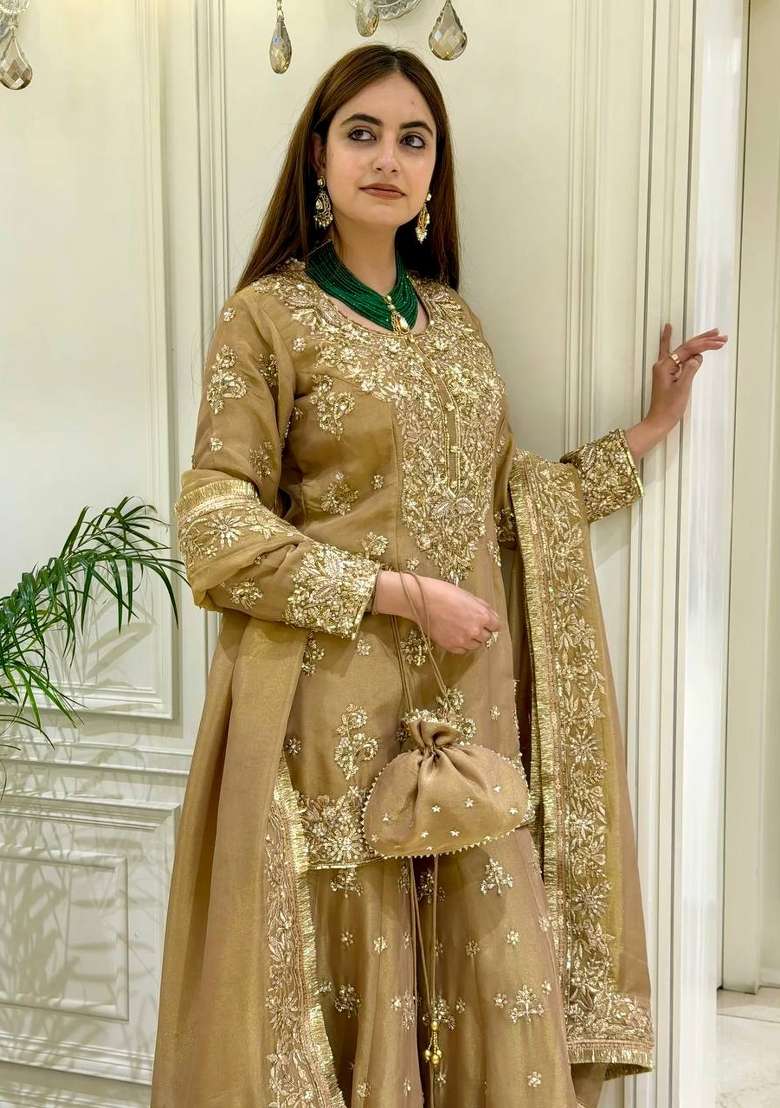 Off White Embroidery Silk Palazzo Set - Indya