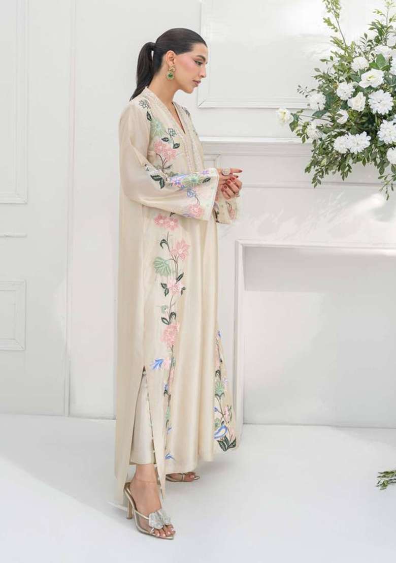 Off White Embroidery Roman Glass Palazzo Set - Indya