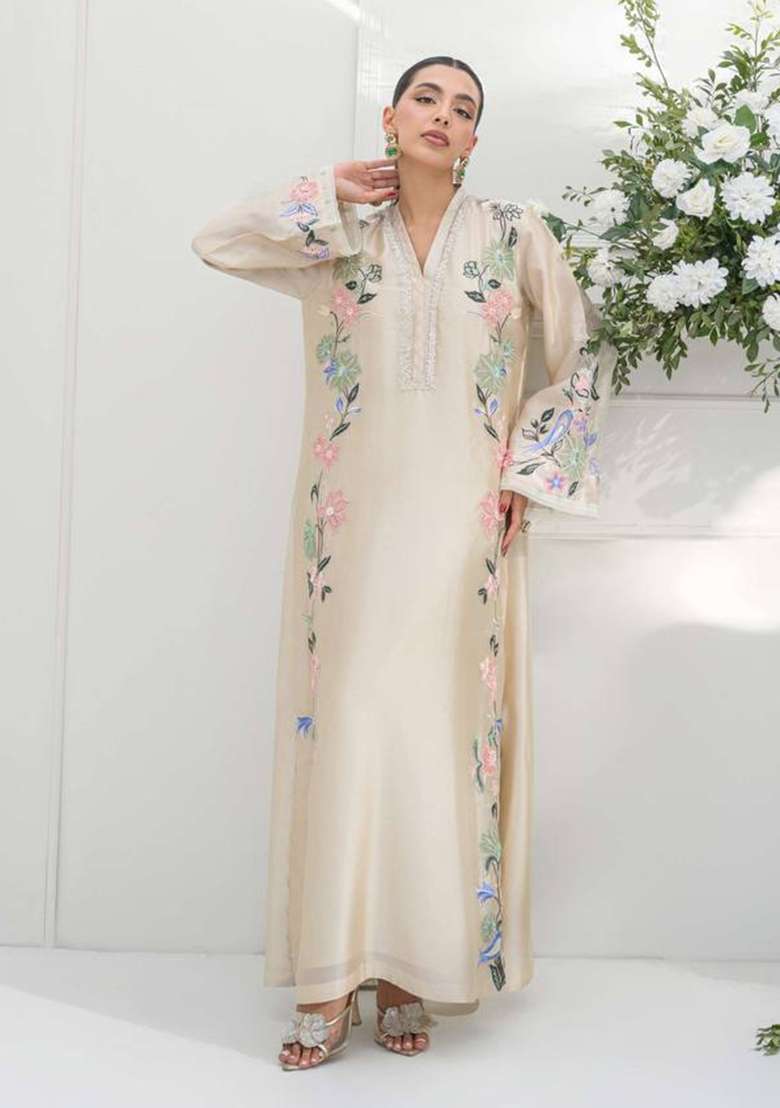 Off White Embroidery Roman Glass Palazzo Set - Indya