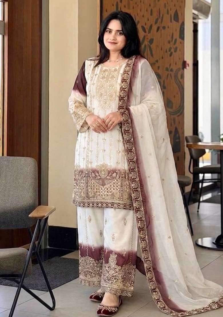 Brown Embroidery Georgette Palazzo Set - Indya