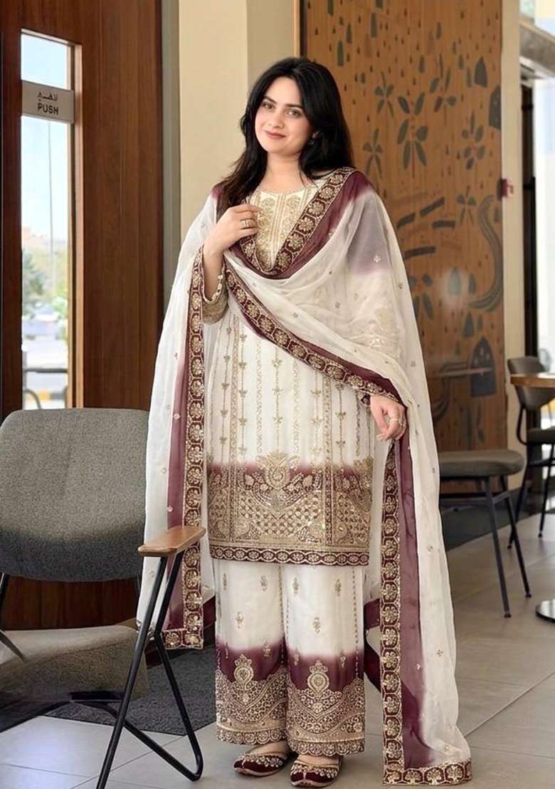 Brown Embroidery Georgette Palazzo Set - Indya