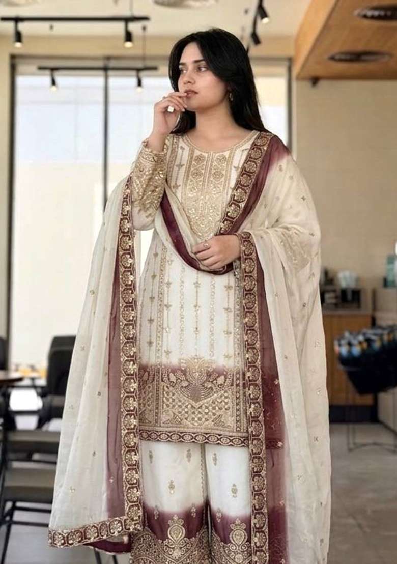 Brown Embroidery Georgette Palazzo Set - Indya