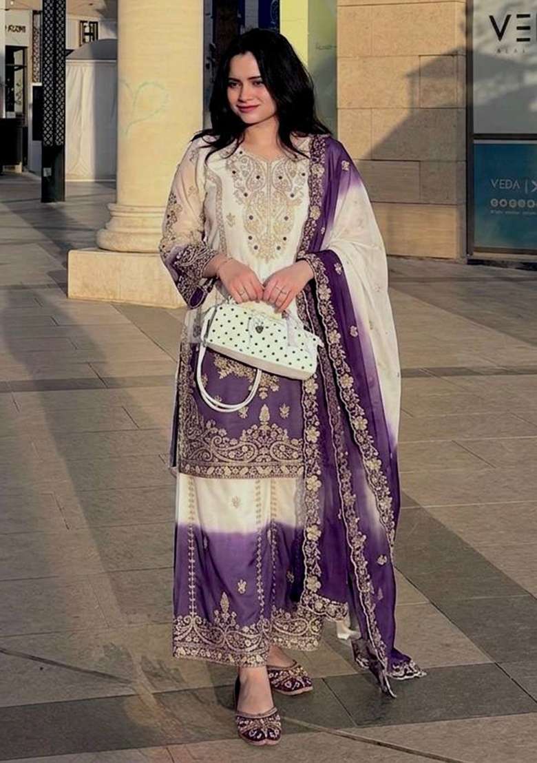 Purple Embroidery Georgette Palazzo Set - Indya