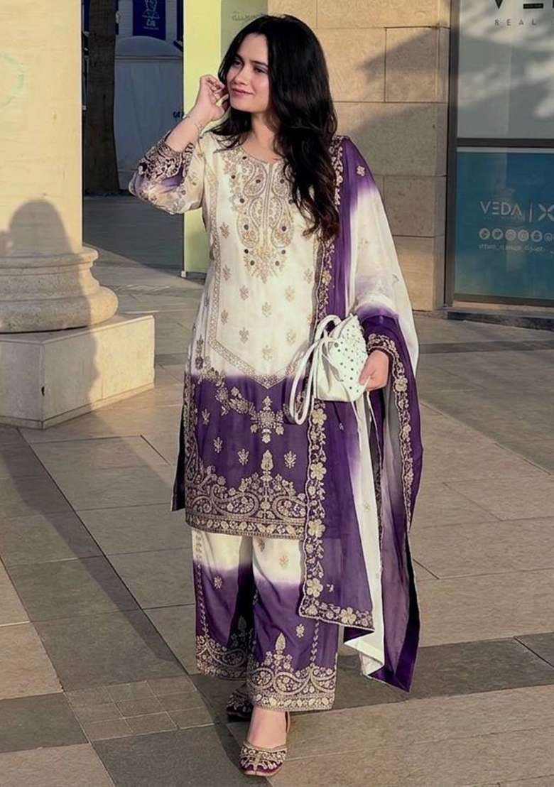Purple Embroidery Georgette Palazzo Set - Indya
