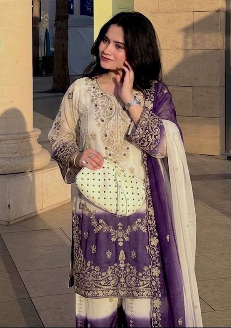Purple Embroidery Georgette Palazzo Set - Indya