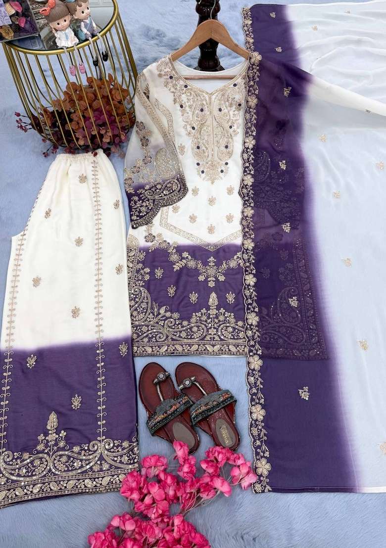 Purple Embroidery Georgette Palazzo Set - Indya