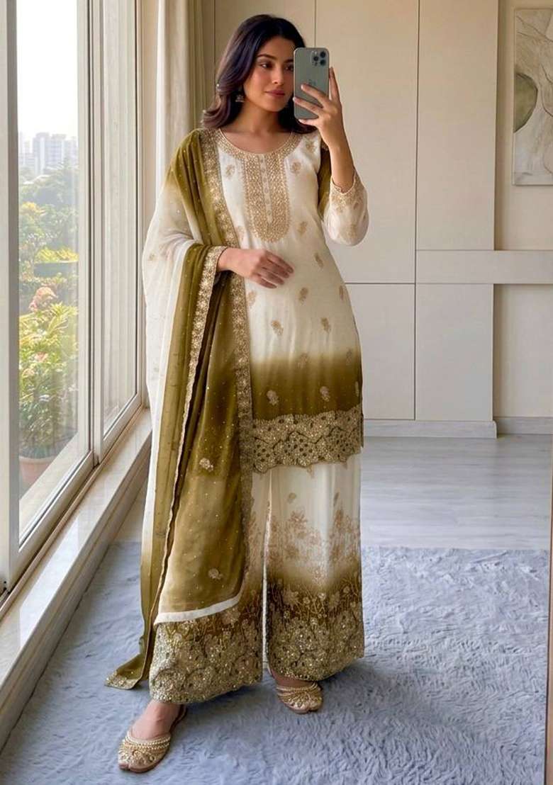 Mustard Embroidery Georgette Palazzo Set - Indya