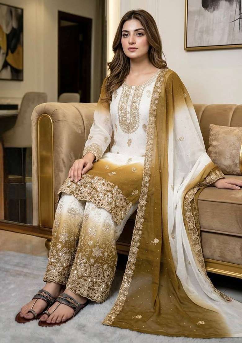 Mustard Embroidery Georgette Palazzo Set - Indya