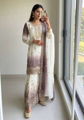 Brown Embroidery Georgette Palazzo Set