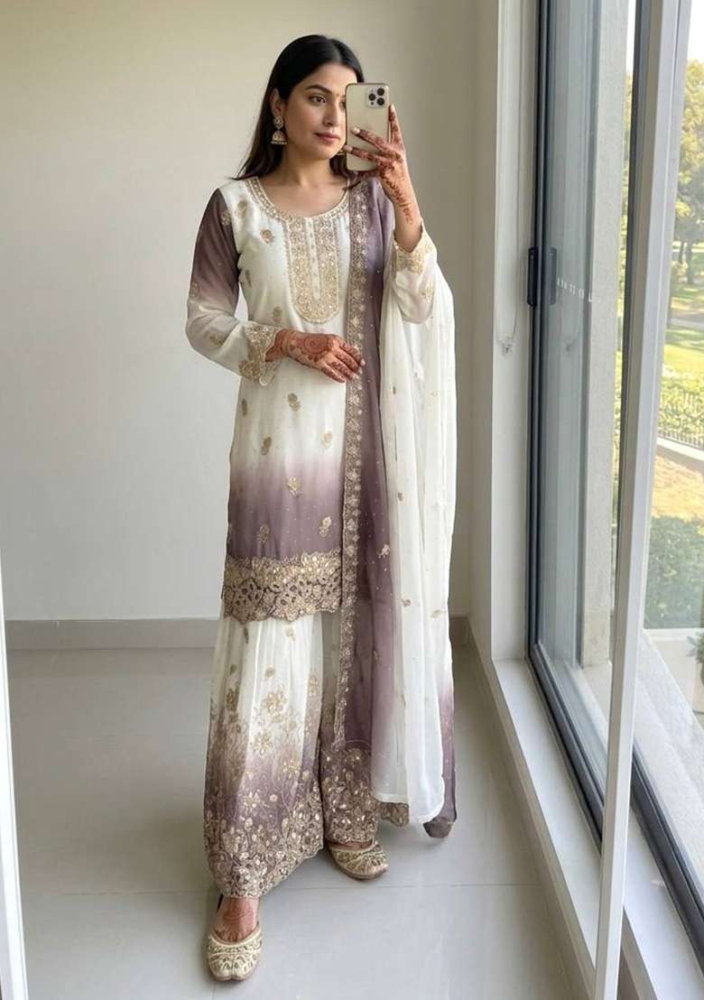 Brown Embroidery Georgette Palazzo Set - Indya