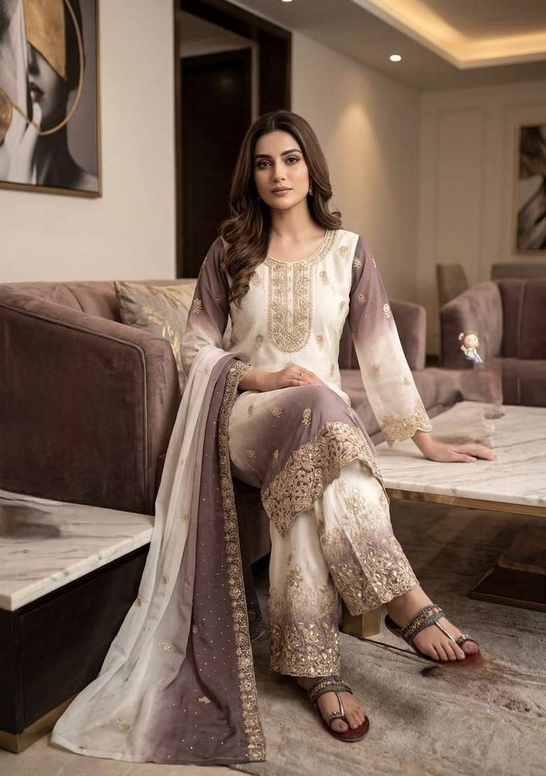 Brown Embroidery Georgette Palazzo Set - Indya