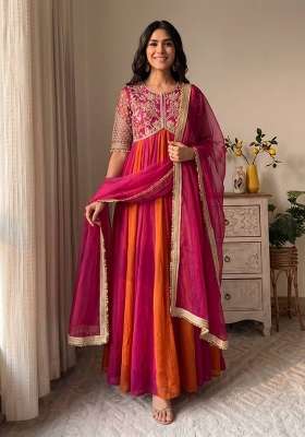 Pink Embroidery Silk Gown Set