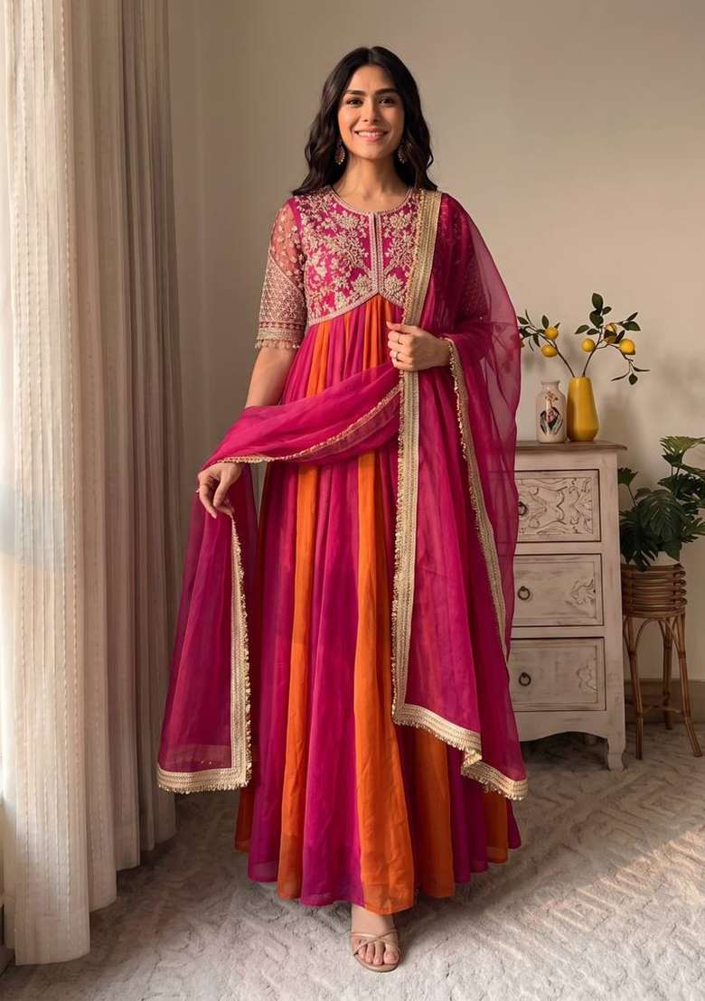 Pink Embroidery Silk Gown Set - Indya