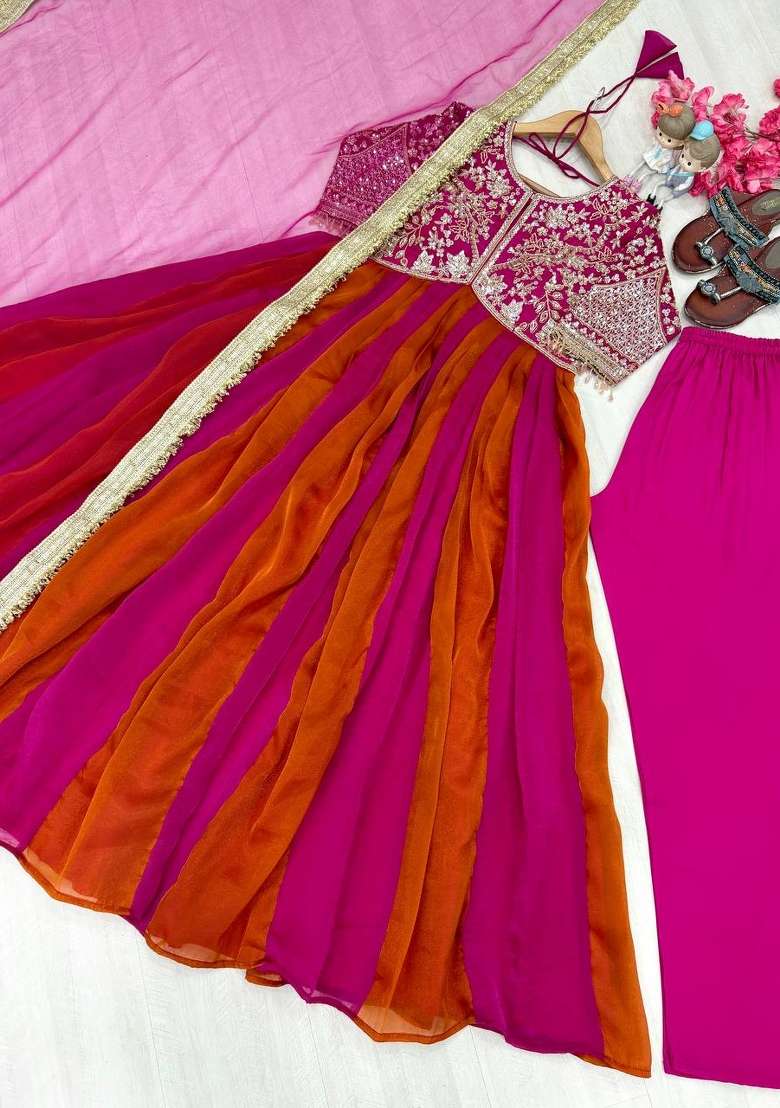 Pink Embroidery Silk Gown Set - Indya