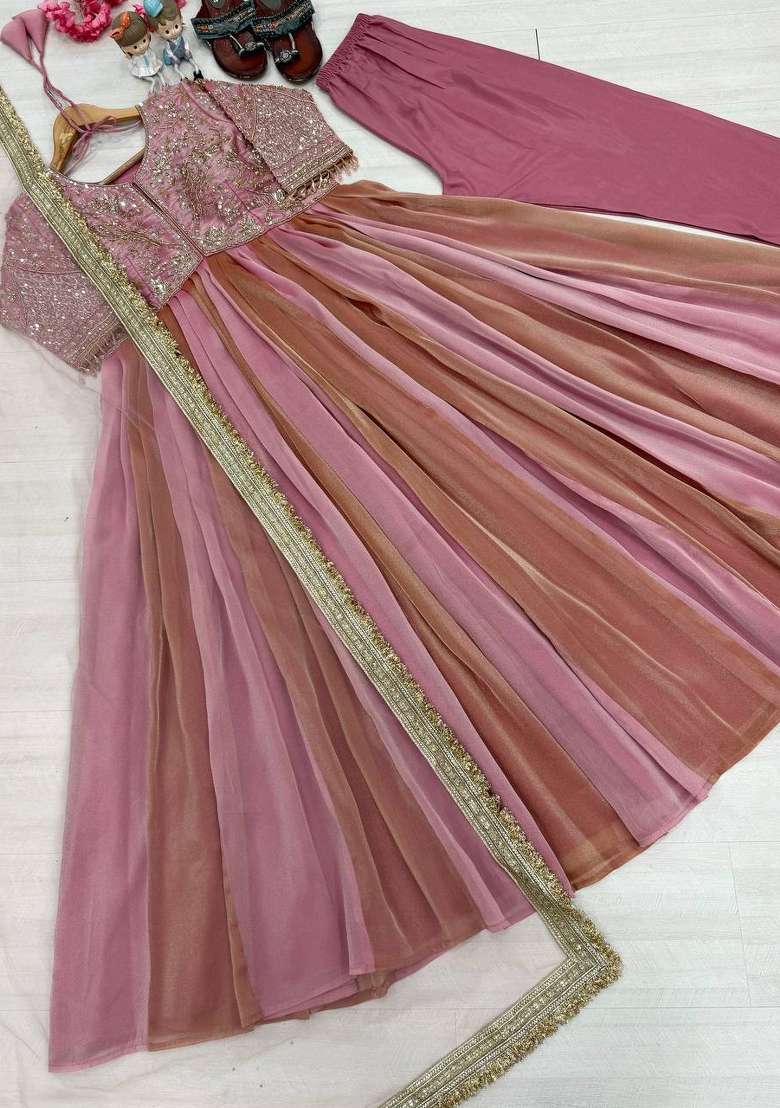 Peach Embroidery Silk Gown Set - Indya