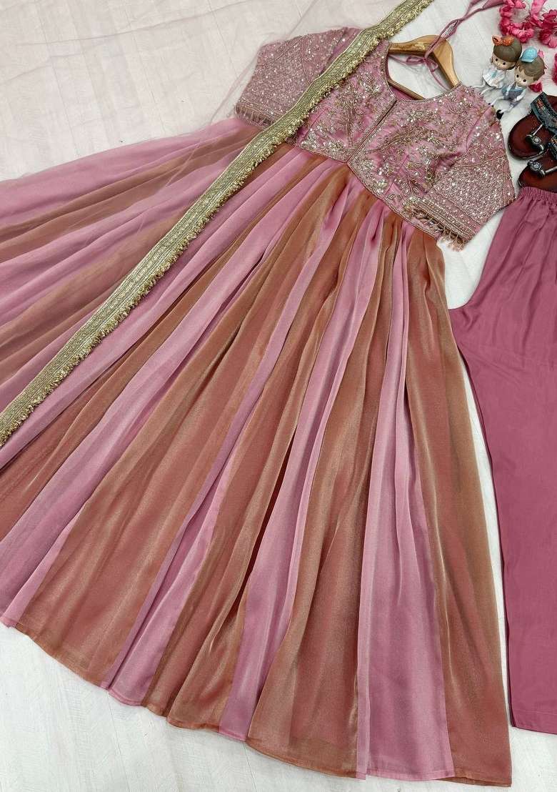 Peach Embroidery Silk Gown Set - Indya
