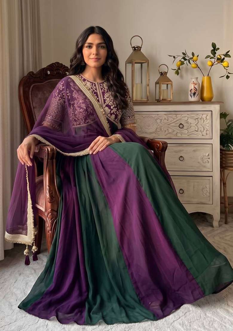 Purple Embroidery Silk Gown Set - Indya