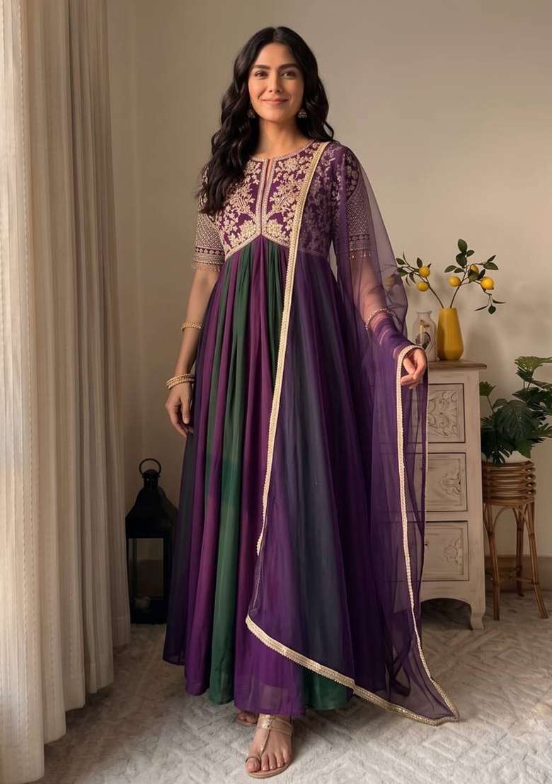 Purple Embroidery Silk Gown Set - Indya