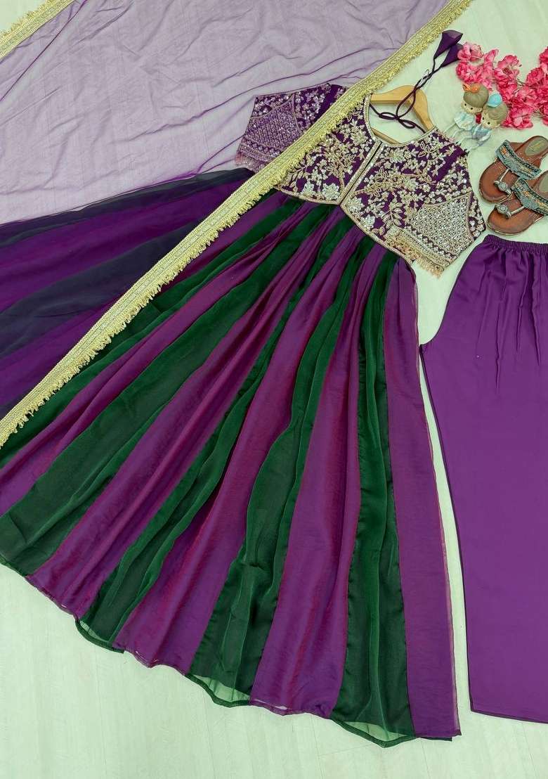 Purple Embroidery Silk Gown Set - Indya