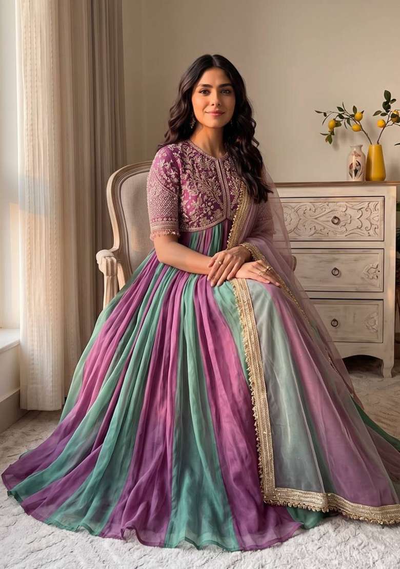 Lavender Embroidery Silk Gown Set - Indya