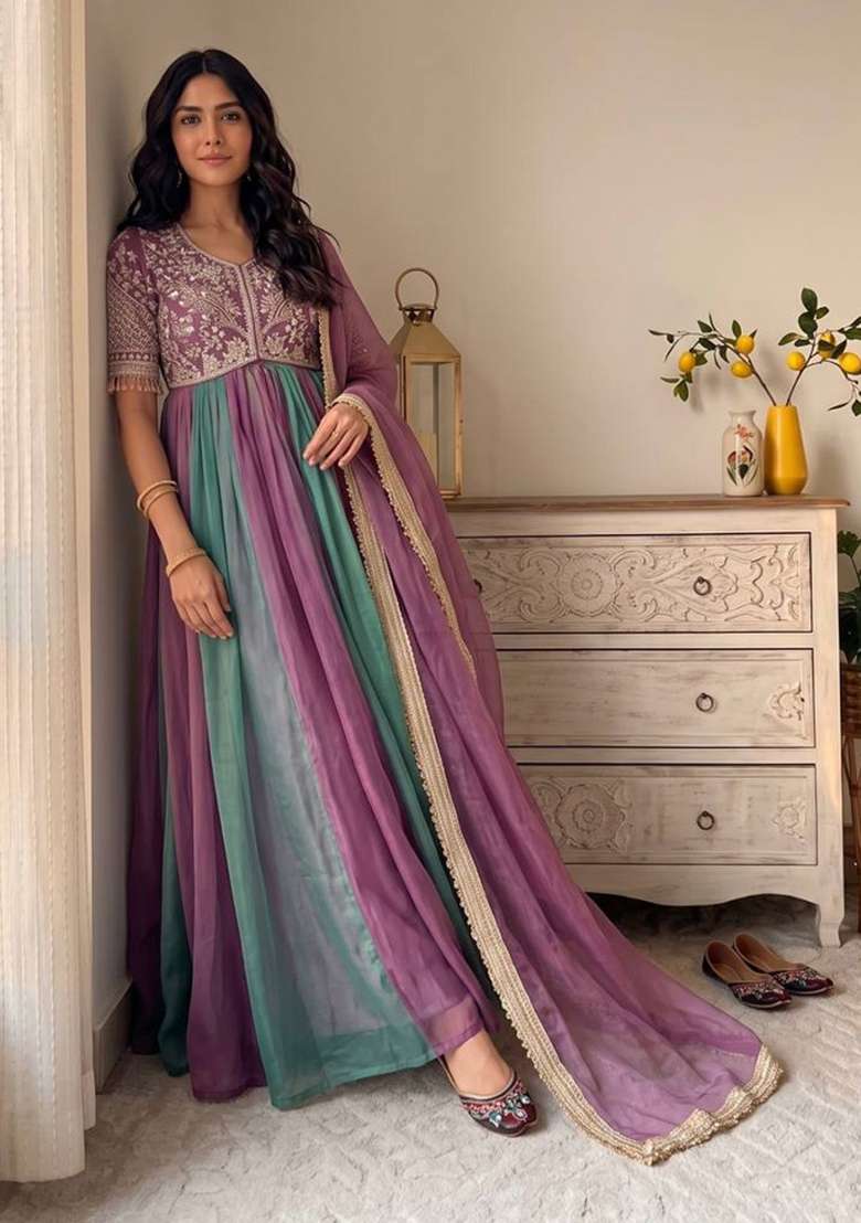 Lavender Embroidery Silk Gown Set - Indya