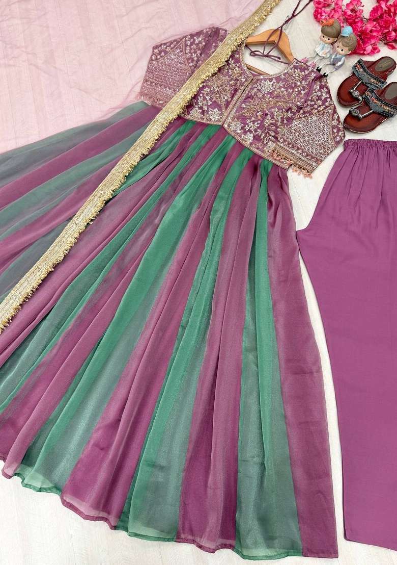Lavender Embroidery Silk Gown Set - Indya