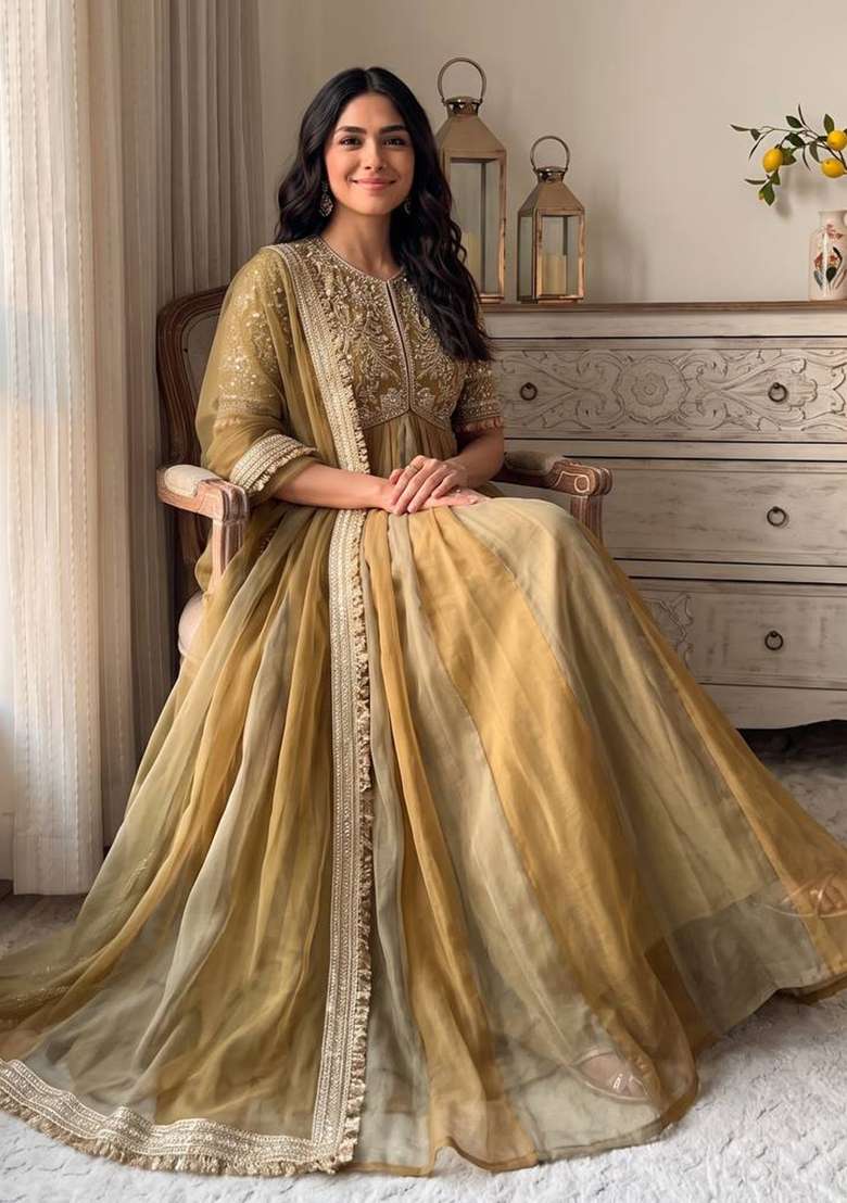 Mehendi Embroidery Silk Gown Set - Indya