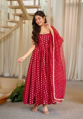 Red Embroidery Chinon Gown Set