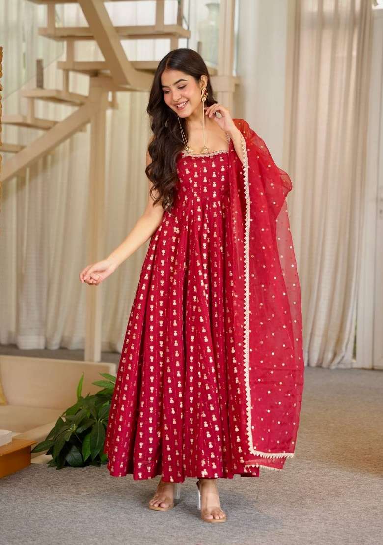 Red Embroidery Chinon Gown Set - Indya