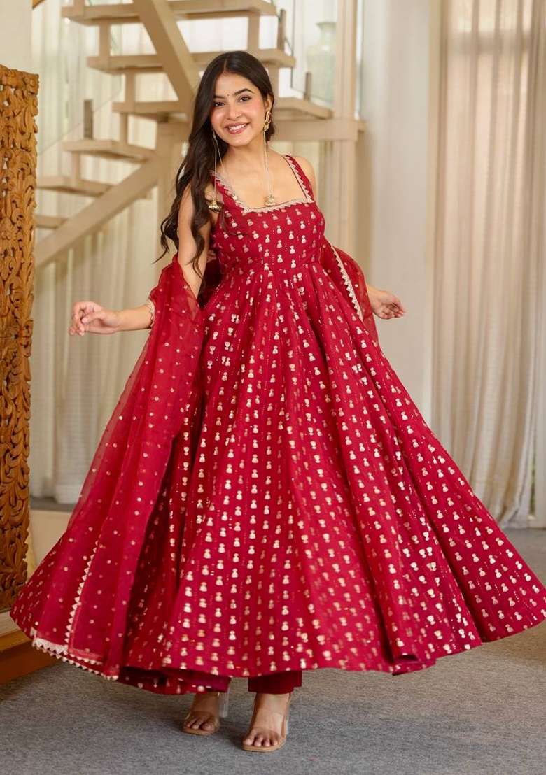 Red Embroidery Chinon Gown Set - Indya