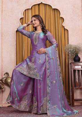 Purple Embroidery Silk Palazzo Set