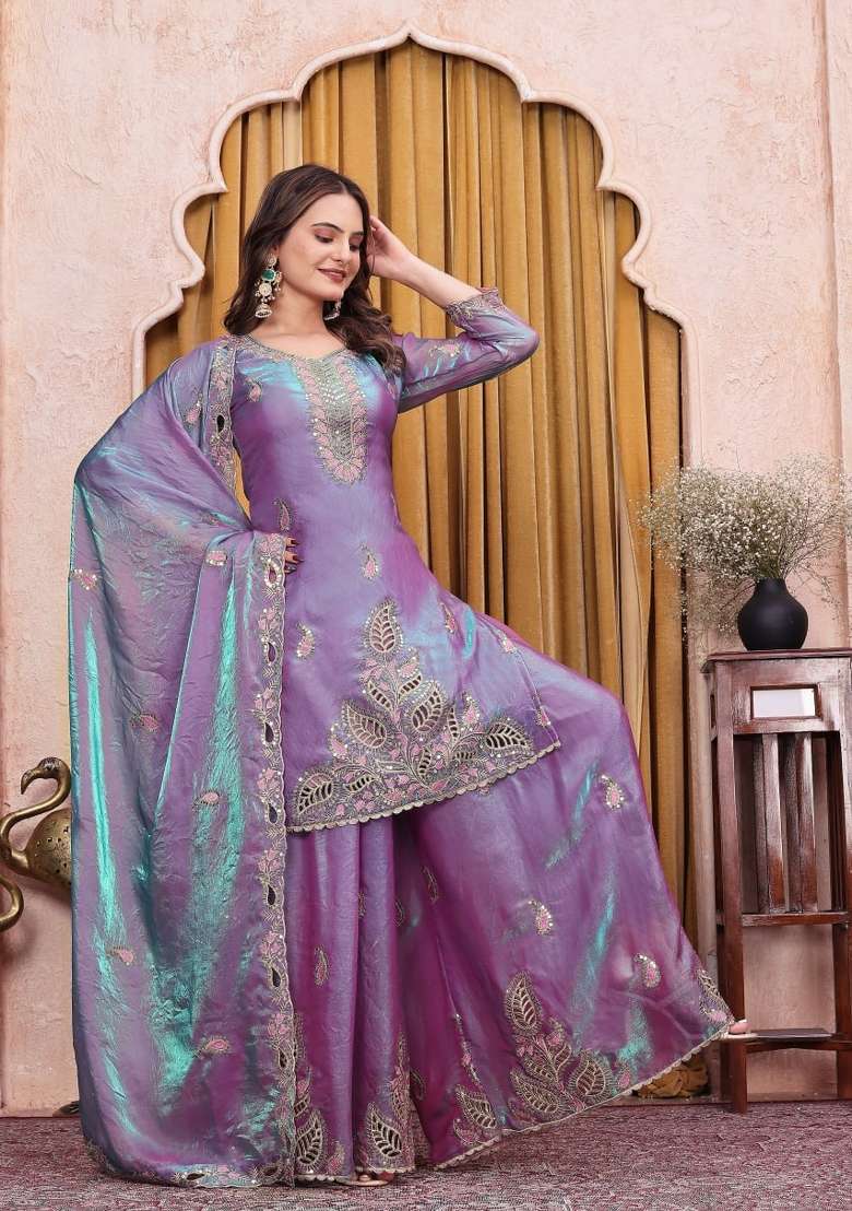 Purple Embroidery Silk Palazzo Set - Indya