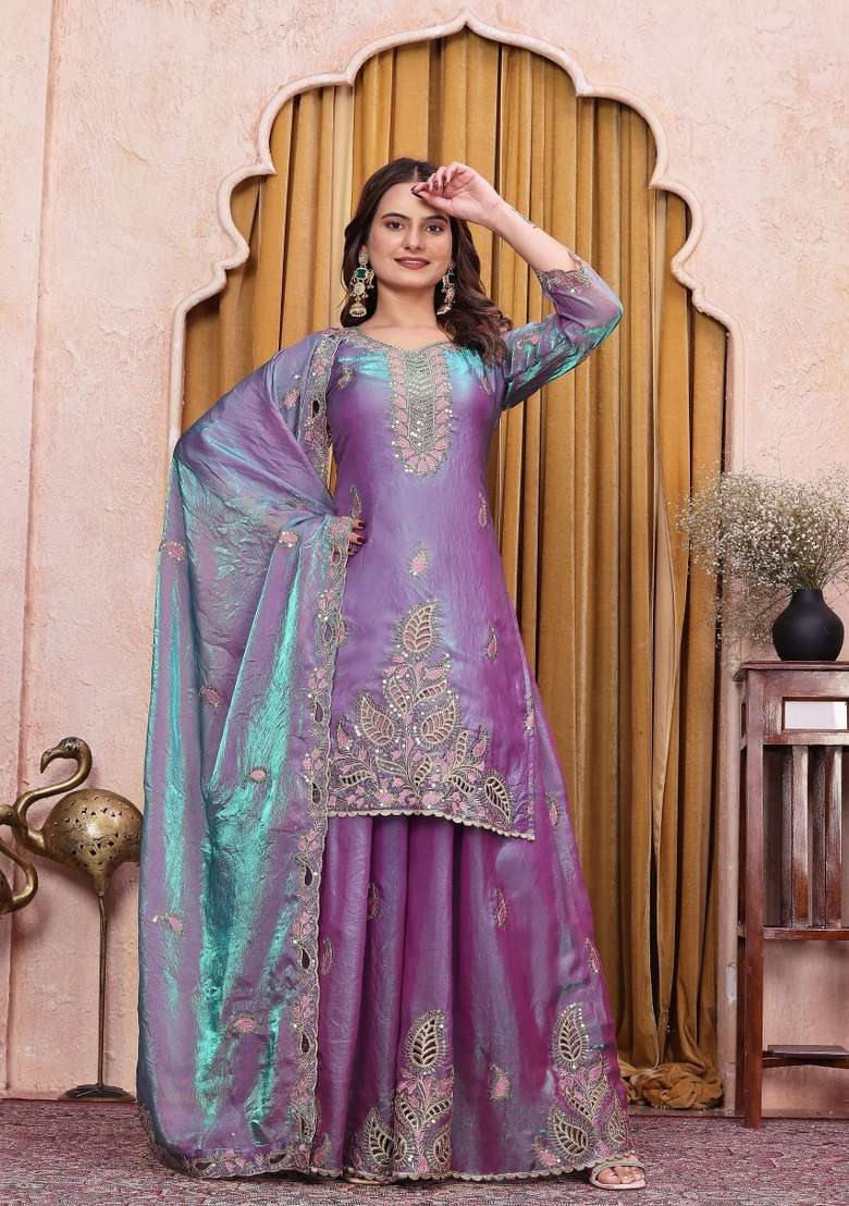 Purple Embroidery Silk Palazzo Set - Indya