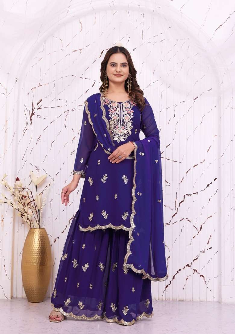 Blue Embroidery Georgette Palazzo Set - Indya