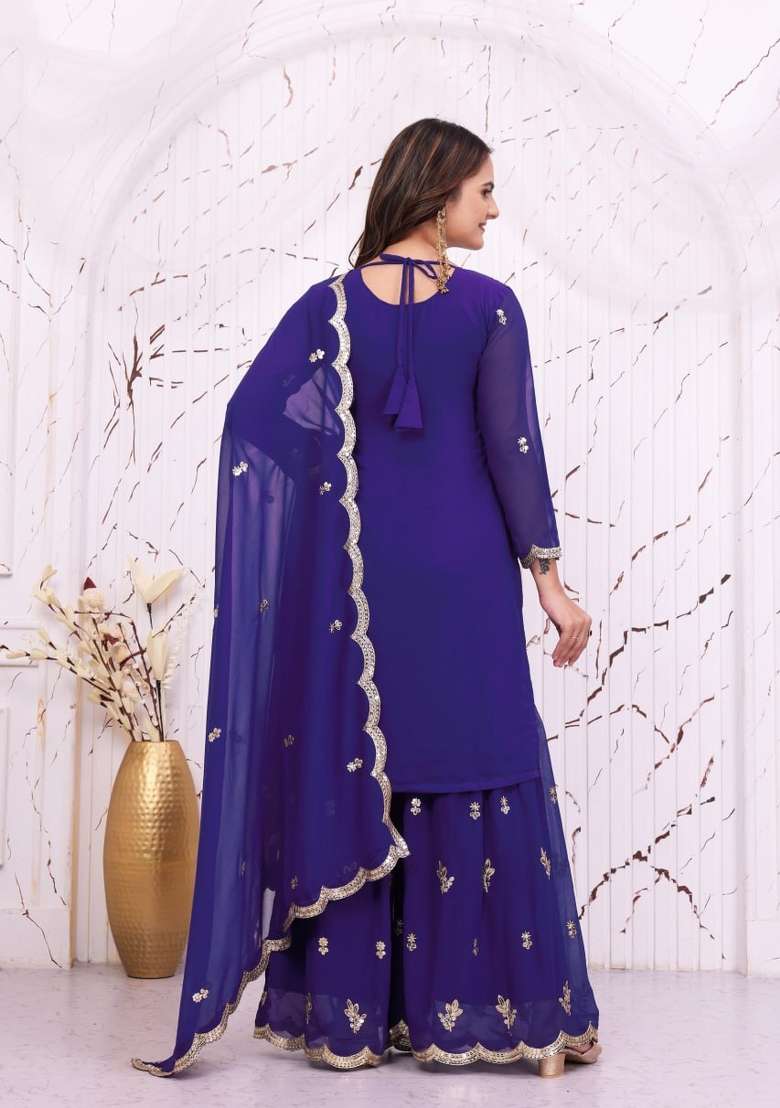 Blue Embroidery Georgette Palazzo Set - Indya