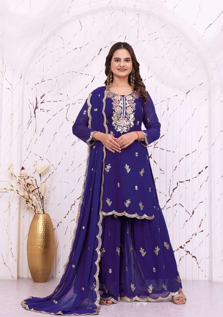 Blue Embroidery Georgette Palazzo Set - Indya