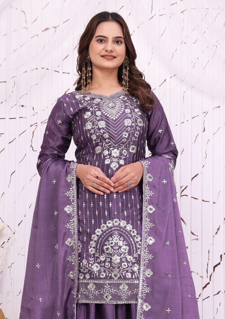 Lavender Embroidery Chinon Palazzo Set - Indya