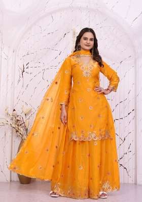 Yellow Embroidery Silk Palazzo Set
