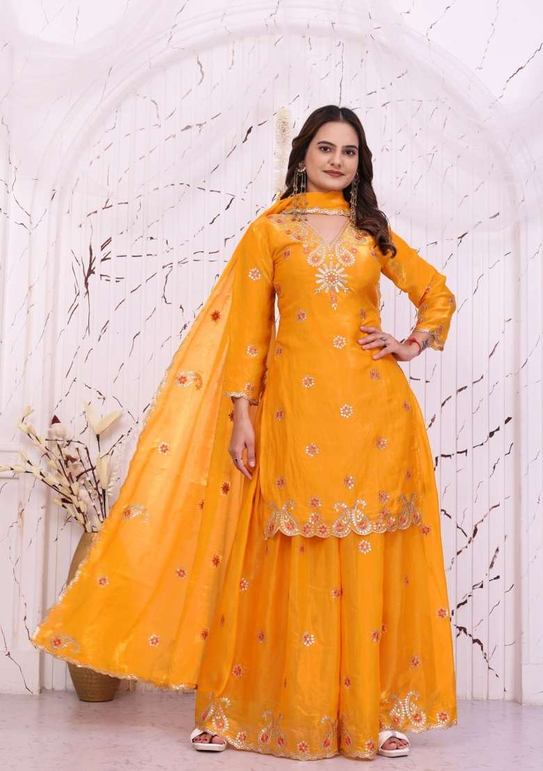 Yellow Embroidery Silk Palazzo Set - Indya