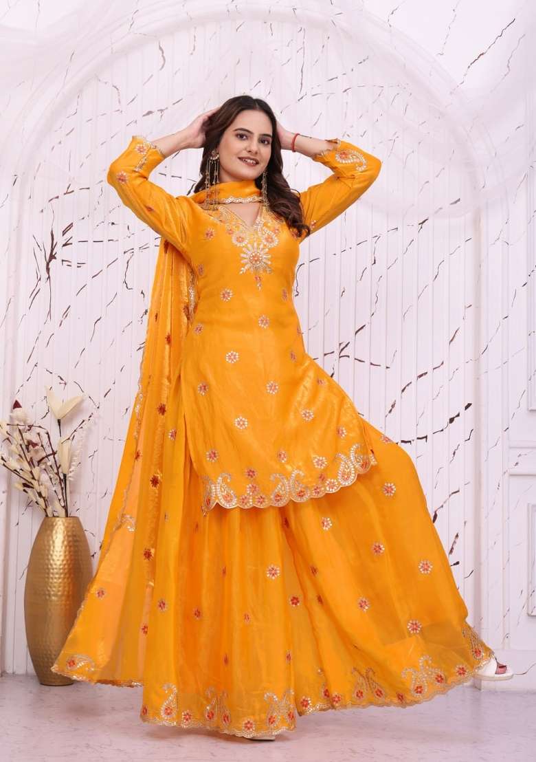Yellow Embroidery Silk Palazzo Set - Indya